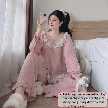 Bộ pijama nữ tay dài cổ ren vintage, quần dài vải mềm thoáng mát - 338.900₫
