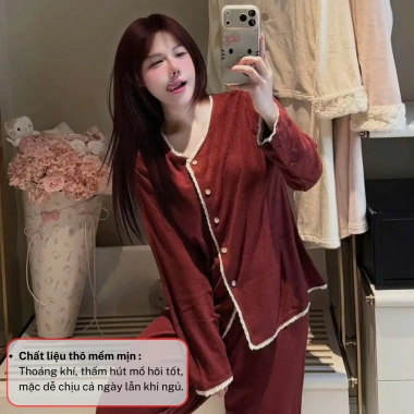 Bộ pijama nữ tay dài thu đông, set đồ ngủ cúc trước thanh lịch, xinh xỉu, giá chỉ 199.000 VND 2