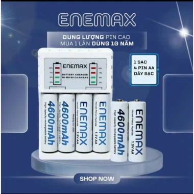 Bộ Pin Sạc Nhanh Enemax 1 Sạc + 4 Pin AA 4.600mAh An Toàn, Tiết Kiệm, Tự Ngắt, Báo % Pin