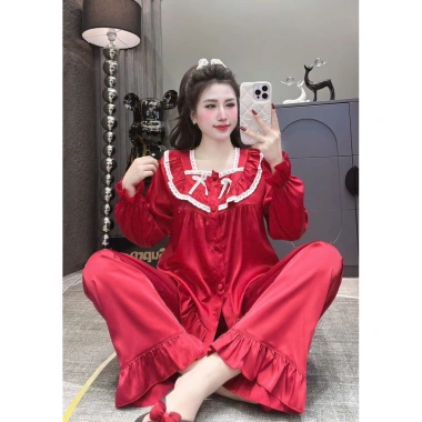 Bộ pjzama lụa latin cổ vuông tay dài, quần dài có túi, quần sâu, size 40‑75kg – Giá 169.000₫