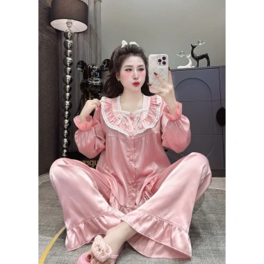 Bộ pjzama lụa latin cổ vuông tay dài, quần dài có túi, quần sâu, size 40‑75kg – Giá 169.000₫ 2