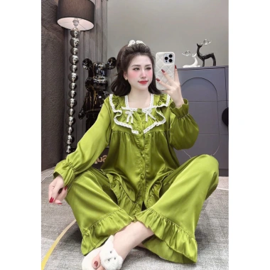 Bộ pjzama lụa latin cổ vuông tay dài, quần dài có túi, quần sâu, size 40‑75kg – Giá 169.000₫ 5