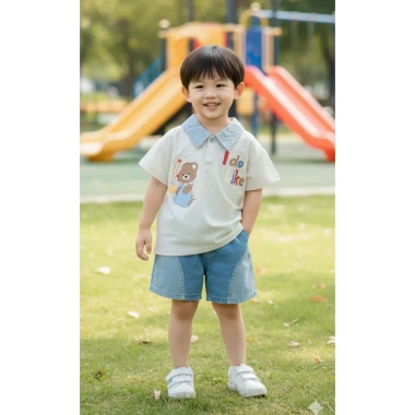 Bộ polo cộc tay bé trai họa tiết gấu, cổ phối, chất mềm mát, thấm hút mồ hôi – 225.000₫ (giá gốc 285.750₫)