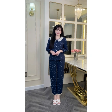 Bộ pyjama nữ Clover lụa tay dài, quần dài nhún bèo nơ chấm bi xinh, mặc nhà