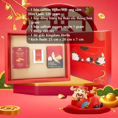 Bộ quà tết cao cấp Kingdom Herb: Saffron, Đông trùng hạ thảo, Sâm, Mật ong thượng hạng - Giá chỉ 665.000 VND