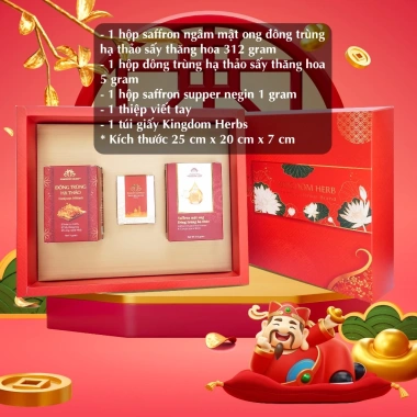 Bộ quà tết cao cấp Kingdom Herb: Saffron, Đông trùng hạ thảo, Sâm, Mật ong thượng hạng - Giá chỉ 665.000 VND