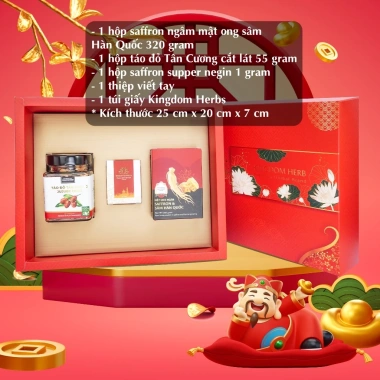 Bộ quà tết cao cấp Kingdom Herb: Saffron, Đông trùng hạ thảo, Sâm, Mật ong thượng hạng - Giá chỉ 665.000 VND