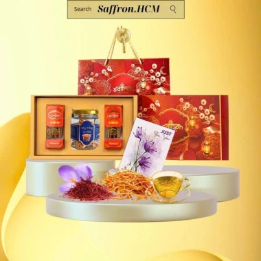Bộ quà Tết Saffron Bahraman 2gr kèm trà hoa, đông trùng, mứt saffron, mật ong saffron – Giá chỉ 545.000 VND