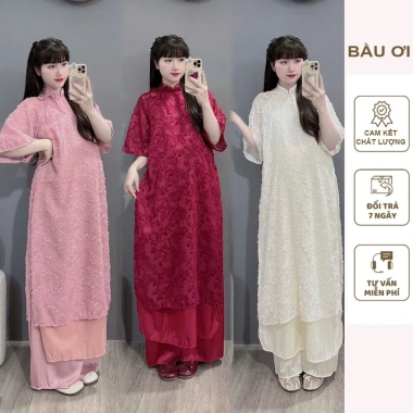 Bộ quần áo bầu tết du xuân dáng suông dài voan lông mềm mại chảnh freesize X651