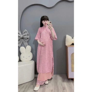 Bộ quần áo bầu tết du xuân dáng suông dài voan lông mềm mại chảnh freesize X651 9