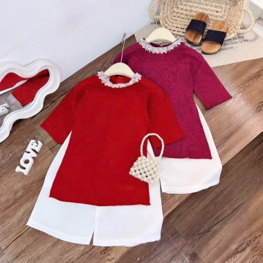 Bộ Quần Áo dài cách tân bé gái 8-27kg, vải lụa mềm, cổ đính đá xinh lễ tết chỉ 154k