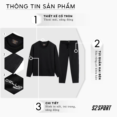 Bộ quần áo nỉ nam trơn S2 SPORT thu đông thêu hình nổi, jogger cạp chun - 415.000đ