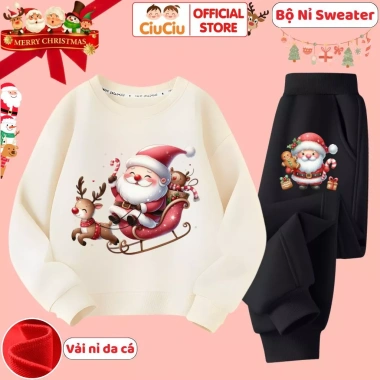 Bộ Quần Áo Nỉ Ông Già Noel Cưỡi Tuần Lộc Bé Trai và Bé Gái CIUCIU Ấm Giữ Nhiệt 296k