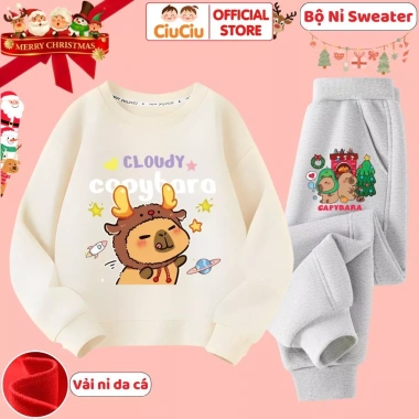 Bộ Quần Áo Nỉ Swe Sweater Dài Tay Capybara Noel Thu Đông CIUCIU KID Vải Nỉ Da Cá Mềm Ấm cho Bé Trai và Bé Gái
