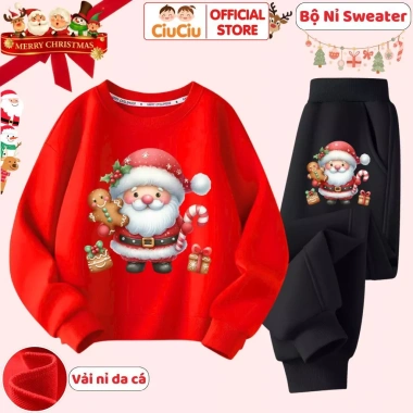 Bộ Quần Áo Nỉ Sweater Ông Già Noel Bé Trai - Bé Gái, Vải Nỉ Da Cá, Giá 296k