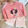 Bộ quần áo thu đông bé gái 8-18kg áo dài tay hình cô gái và quần kẻ xuông ren Tini Kids