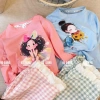 Bộ quần áo thu đông bé gái 8-18kg áo dài tay hình cô gái và quần kẻ xuông ren Tini Kids 2