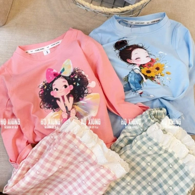 Bộ quần áo thu đông bé gái 8-18kg áo dài tay hình cô gái và quần kẻ xuông ren Tini Kids 2