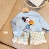 Bộ quần áo thu đông bé gái 8-18kg áo dài tay hình cô gái và quần kẻ xuông ren Tini Kids 3