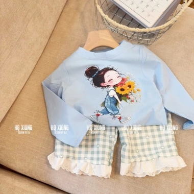 Bộ quần áo thu đông bé gái 8-18kg áo dài tay hình cô gái và quần kẻ xuông ren Tini Kids 3