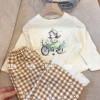 Bộ quần áo thu đông bé gái 8-18kg áo dài tay hình cô gái và quần kẻ xuông ren Tini Kids 4