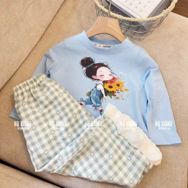 Bộ quần áo thu đông bé gái 8-18kg áo dài tay hình cô gái và quần kẻ xuông ren Tini Kids 6