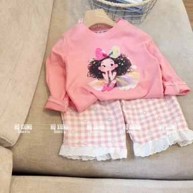 Bộ quần áo thu đông bé gái 8-18kg áo dài tay hình cô gái và quần kẻ xuông ren Tini Kids 7