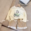 Bộ quần áo thu đông bé gái 8-18kg áo dài tay hình cô gái và quần kẻ xuông ren Tini Kids 8