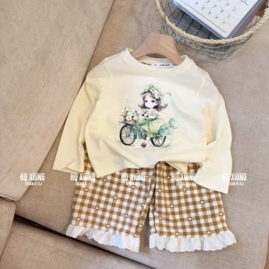 Bộ quần áo thu đông bé gái 8-18kg áo dài tay hình cô gái và quần kẻ xuông ren Tini Kids 8