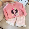 Bộ quần áo thu đông bé gái 8-18kg áo dài tay hình cô gái và quần kẻ xuông ren Tini Kids 9