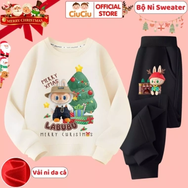 Bộ quần áo thu đông Nỉ Da Cá Labubu Noel cho bé trai & bé gái vải co dãn ấm 10