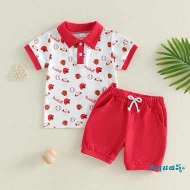 Bộ quần short trẻ em Aqua áo sơ mi ngắn tay bóng chày golf 2 mảnh mùa hè