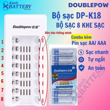 Bộ sạc AA 2A/AAA 3A 8 đèn Doublepow DP‑K18 tự ngắt, đèn báo thông minh cho micro, đồ chơi – chỉ 43.000₫