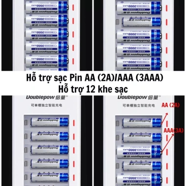 Bộ sạc AA/AAA DP-K12 12 khe tự ngắt, báo đèn khi đầy - Doublepow chính hãng