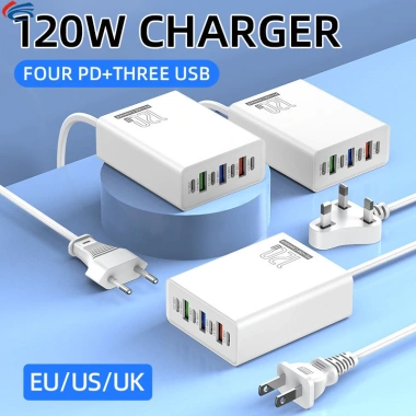 Bộ sạc du lịch 120W 7 cổng 4PD + 3USB chống cháy PC‑ABS, tương thích US EU UK – Giá 149k