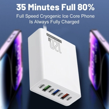 Bộ sạc du lịch 120W 7 cổng 4PD + 3USB chống cháy PC‑ABS, tương thích US EU UK – Giá 149k