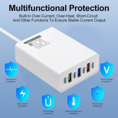 Bộ sạc du lịch 120W 7 cổng 4PD + 3USB chống cháy PC‑ABS, tương thích US EU UK – Giá 149k