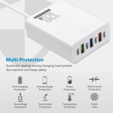 Bộ sạc du lịch 120W 7 cổng 4PD + 3USB chống cháy PC‑ABS, tương thích US EU UK – Giá 149k