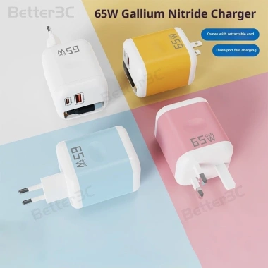 Bộ sạc GaN 65W 3 trong 1 USB và Type C, US UK Plug, adapter tường sạc nhanh du lịch cho điện thoại và máy tính bảng