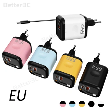 Bộ sạc GaN 65W 3 trong 1 USB và Type C, US UK Plug, adapter tường sạc nhanh du lịch cho điện thoại và máy tính bảng