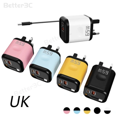 Bộ sạc GaN 65W 3 trong 1 USB và Type C, US UK Plug, adapter tường sạc nhanh du lịch cho điện thoại và máy tính bảng