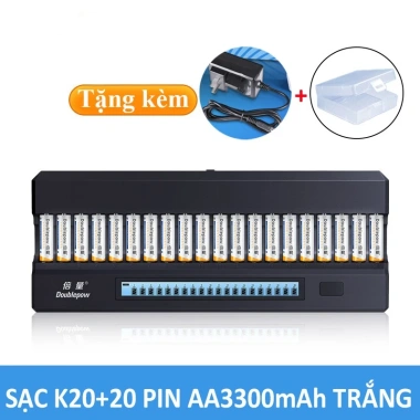 Bộ sạc K20 + 20 pin AA3.300 dung lượng cao cho Karaoke, Mic không dây, Máy ảnh - Doublepow, giá 720.000đ