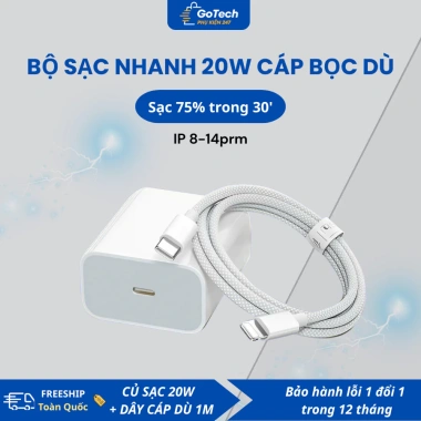 Bộ sạc nhanh 20W cáp bọc dù PD an toàn, đầu chống gãy, giảm giá 49k