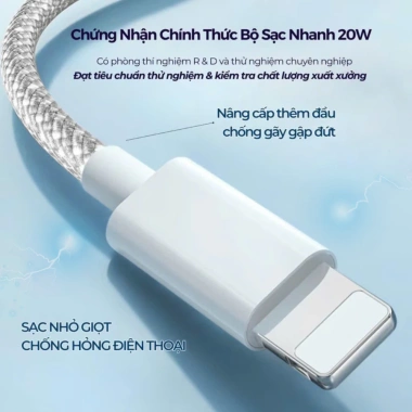 Bộ sạc nhanh 20W cáp bọc dù PD an toàn, đầu chống gãy, giảm giá 49k