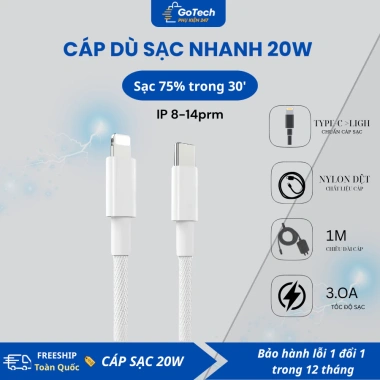 Bộ sạc nhanh 20W cáp bọc dù PD an toàn, đầu chống gãy, giảm giá 49k