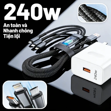 Bộ sạc nhanh 240W Đầu sạc 1v3 + Cáp sạc đa năng, tương thích mọi thiết bị - Giá chỉ 39.999 VND
