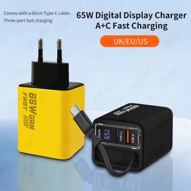Bộ sạc nhanh 65W GaN cổng kép USB‑C, cáp tích hợp, hỗ trợ EU/US/UK - Đầu sạc du lịch