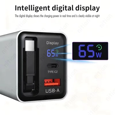 Bộ sạc nhanh 65W GaN cổng kép USB‑C, cáp tích hợp, hỗ trợ EU/US/UK - Đầu sạc du lịch