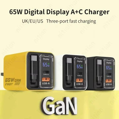 Bộ sạc nhanh 65W GaN cổng kép USB‑C, cáp tích hợp, hỗ trợ EU/US/UK - Đầu sạc du lịch