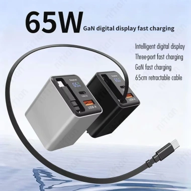 Bộ sạc nhanh 65W GaN cổng kép USB‑C, cáp tích hợp, hỗ trợ EU/US/UK - Đầu sạc du lịch